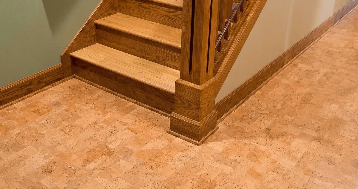 End of a staircase with cork flooring in Atlanta, GA